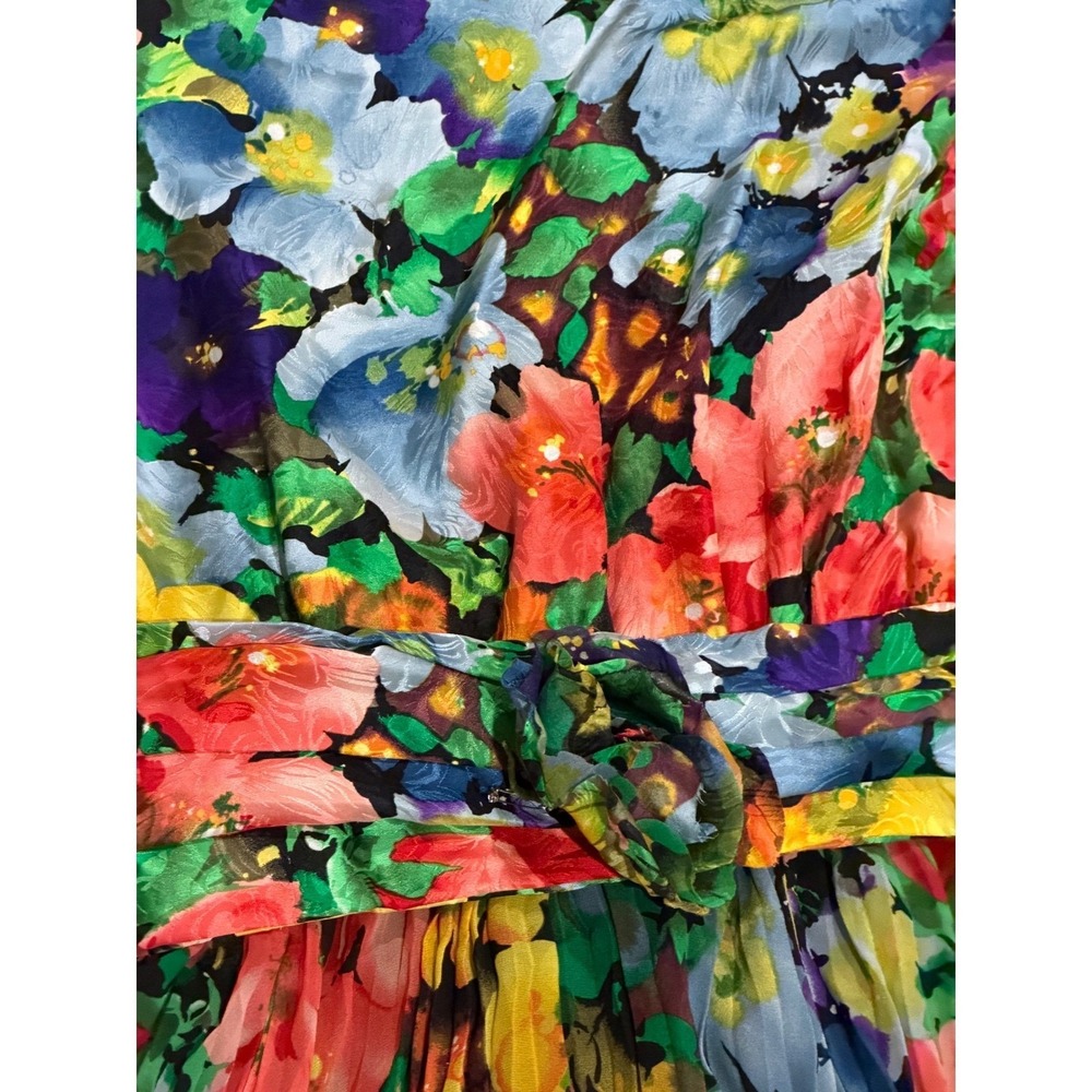 Albert‎ Nipon Vintage 100% Silk Floral Pleated Dress Multicolor Short Sleeve 14 - Picture 5 of 6